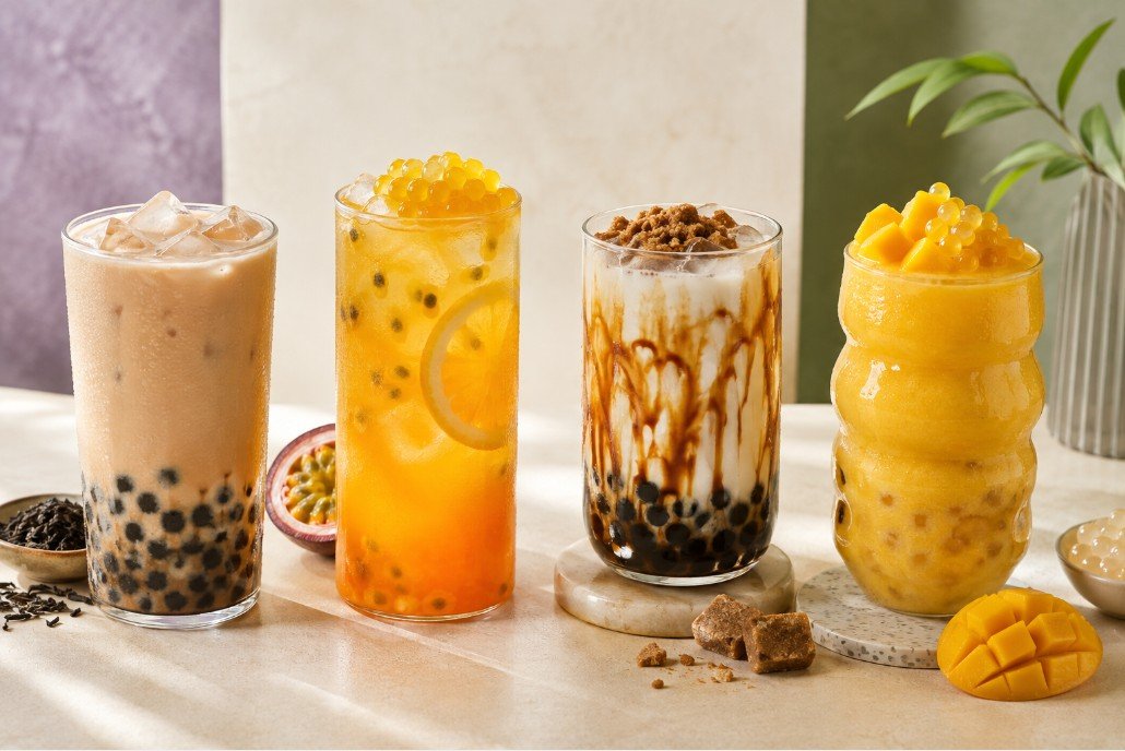Milk tea, fruit tea, fresh milk boba and mango smoothie