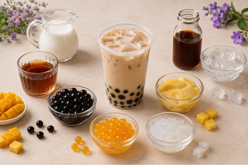Milk tea surrounded by pearls, popping boba, jelly, pudding, tea, milk and ice