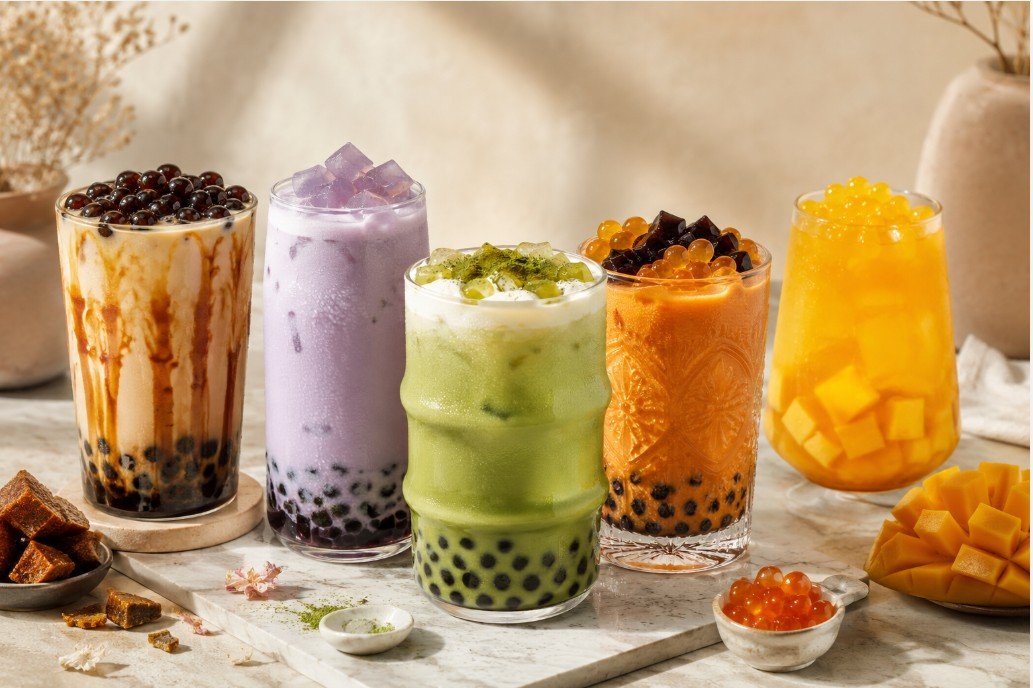 Brown sugar, taro, matcha, Thai milk tea and mango boba drinks