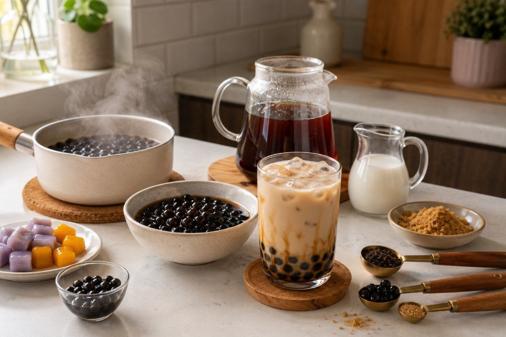 Homemade boba with cooked pearls, tea, milk, brown sugar and a finished drink
