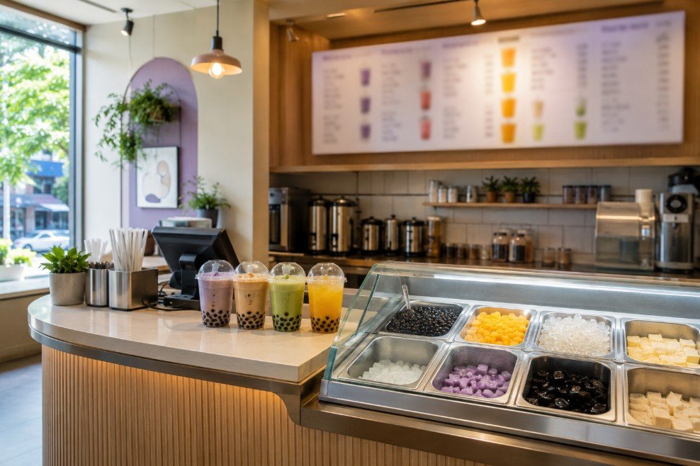 Modern boba shop counter with colorful drinks and toppings