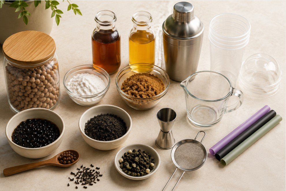 Boba ingredients and tools including pearls, tea, sugar, shaker and wide straws