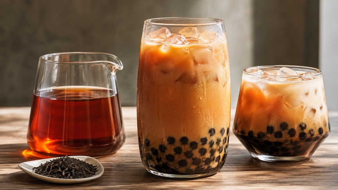 Assam tea boba with strong malty black tea, milk tea and black tapioca pearls