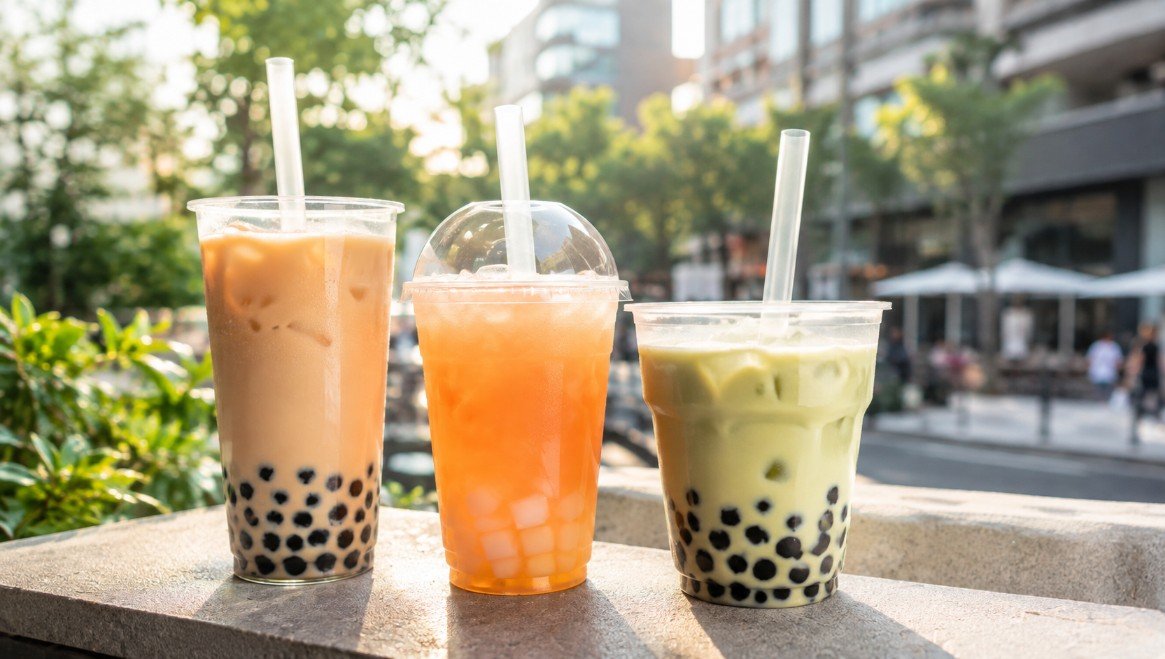 Three beginner-friendly boba drinks in a bright outdoor city setting