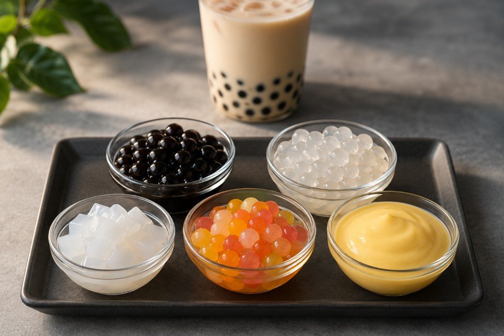 Tapioca pearls, crystal boba, jelly, popping boba and pudding