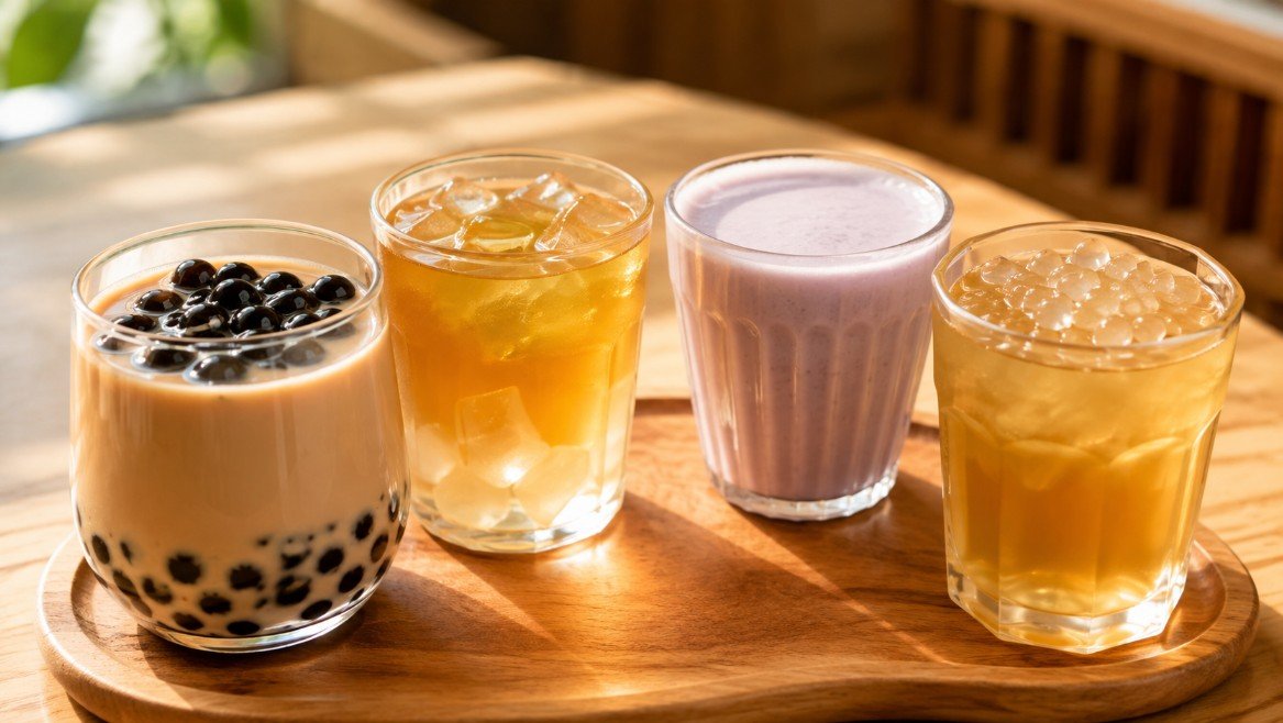 Four beginner-friendly bubble tea choices including milk tea, peach tea, taro-style milk and jasmine tea