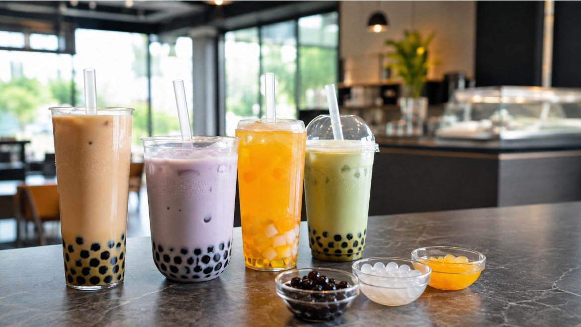 Four beginner-friendly boba drinks including milk tea, taro, mango and matcha