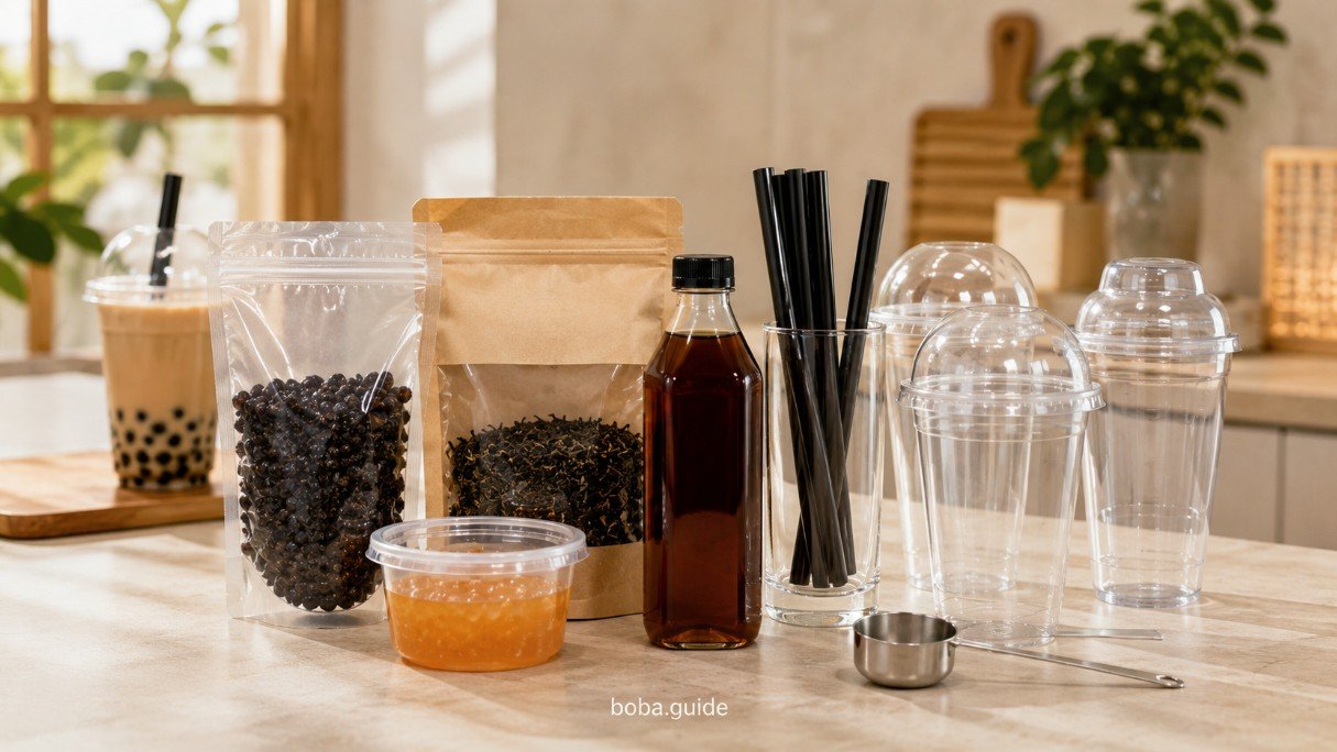 Boba starter kit with tapioca pearls, tea, syrup, wide straws, cups and basic bubble tea tools