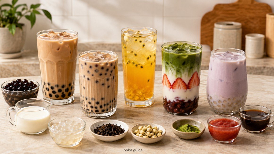 Five homemade boba recipes with milk tea, fruit tea, matcha, taro and assorted bubble tea toppings