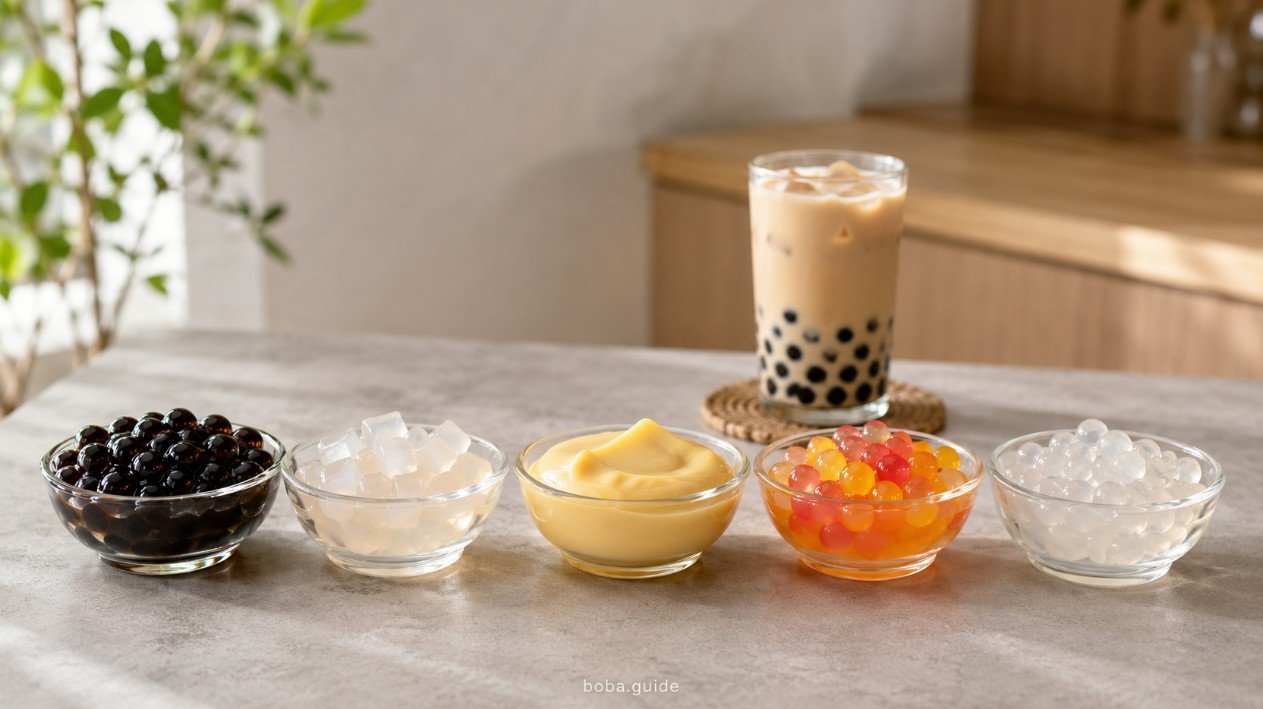Beginner-friendly bubble tea toppings including tapioca pearls, jelly, pudding, popping boba and crystal boba