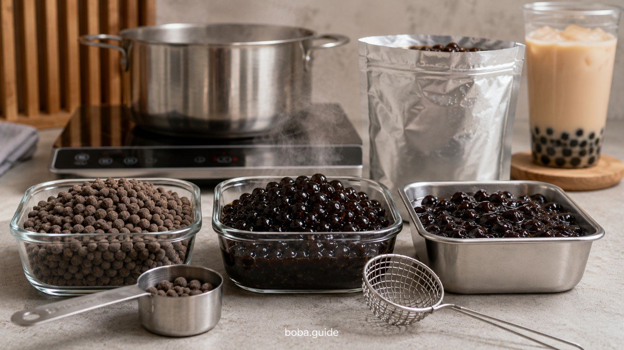 Best tapioca pearls for boba showing uncooked, freshly cooked and ready-to-use pearl formats