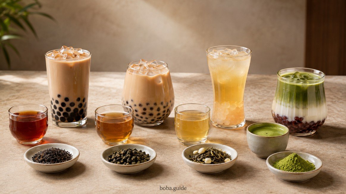 Assam, roasted oolong, jasmine green tea and matcha paired with finished boba drinks