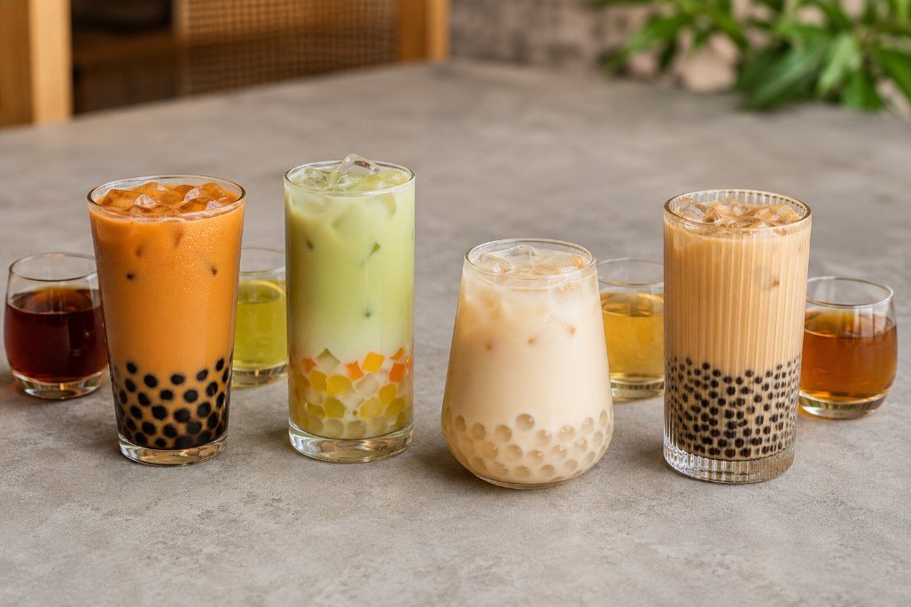 Four bubble tea drinks based on black tea, green tea, jasmine tea and oolong tea