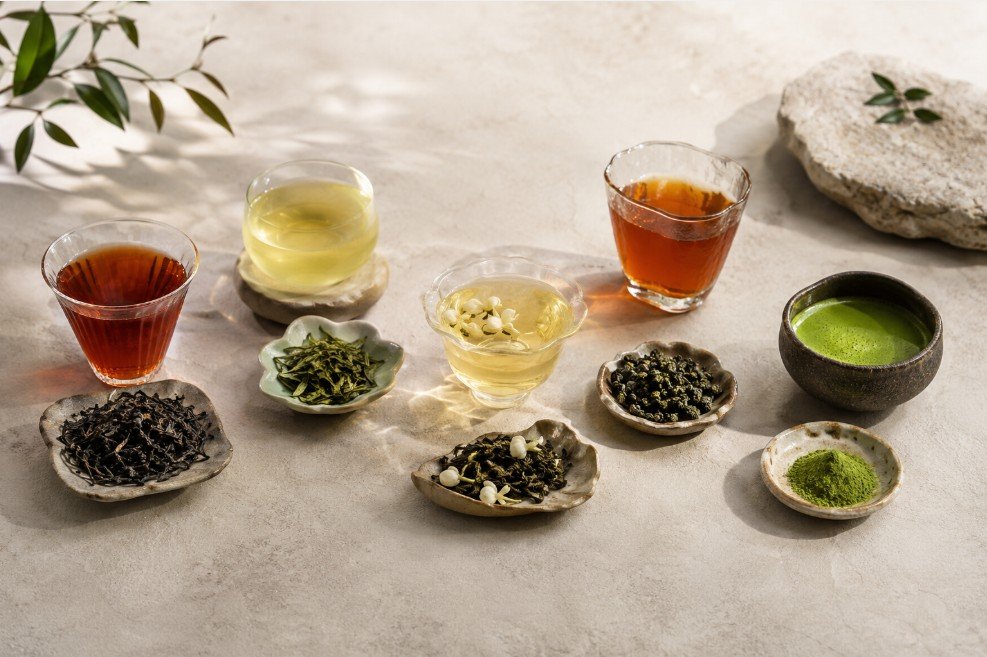 Black tea, green tea, jasmine tea, oolong and matcha displayed with their leaves