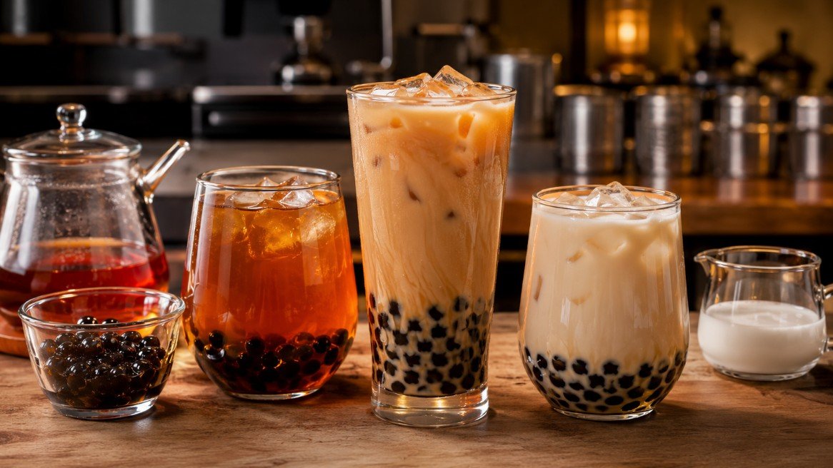 Black tea boba with classic milk tea, iced black tea and fresh milk tea with tapioca pearls
