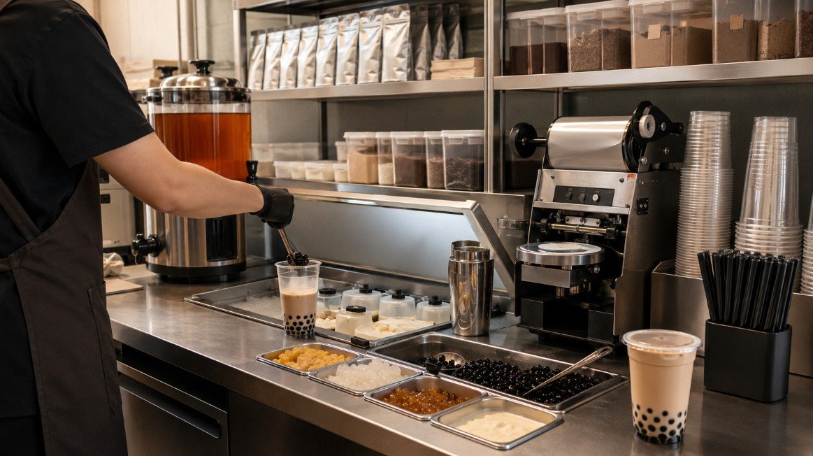 Professional bubble tea shop preparation area showing tea brewing, tapioca pearls, supplies, equipment and an efficient boba drink production workflow.