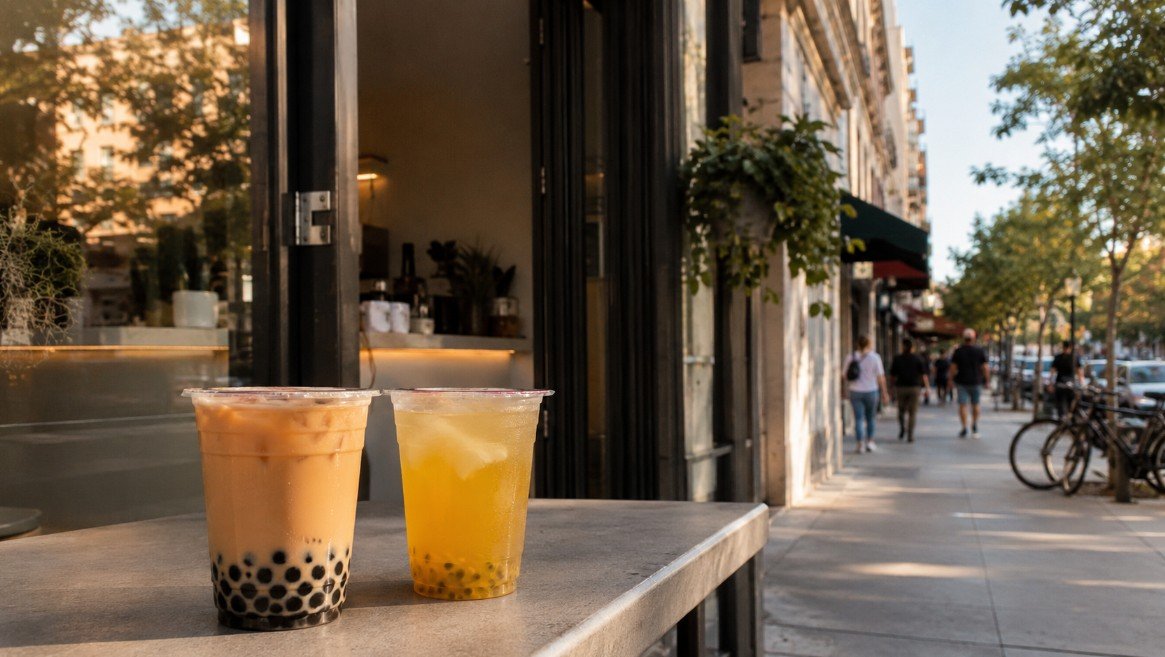 Bubble tea drinks outside a modern neighborhood boba shop illustrating local boba scenes and city-by-city discovery.