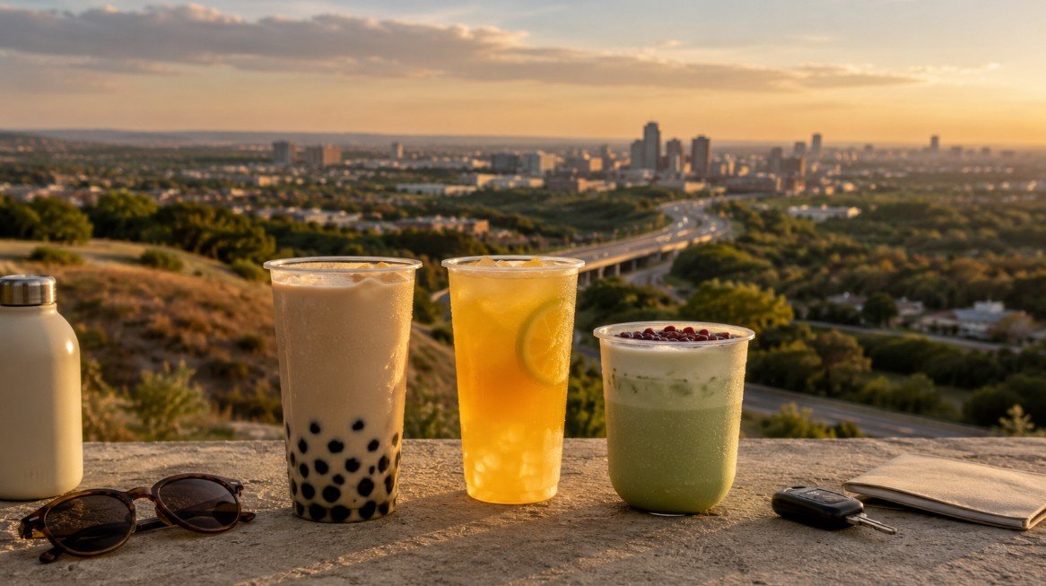 Three bubble tea drinks in a regional travel setting representing boba discovery across U.S. states and metropolitan areas.