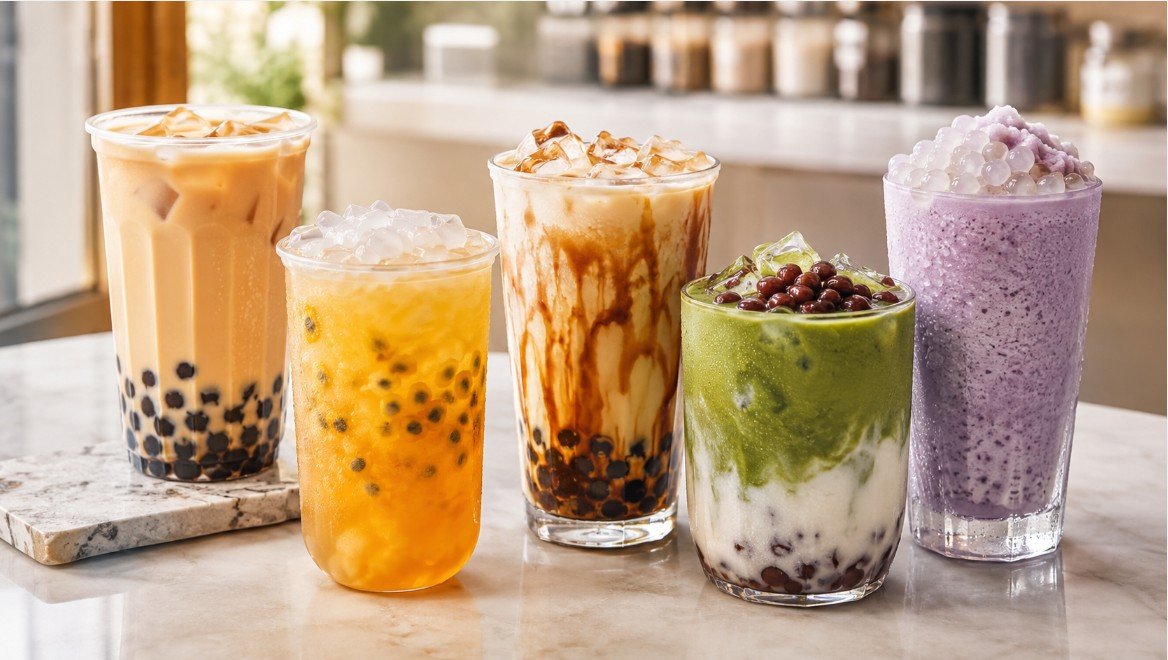 Milk tea, fruit tea, matcha, taro and brown sugar boba drinks showing the range of modern boba