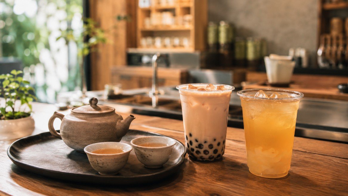 Taiwanese tea culture with traditional brewed tea beside modern pearl milk tea and fruit boba in a contemporary tea shop.