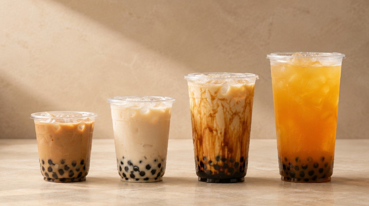 Boba cup sizes compared with small, regular, large and extra-large bubble tea drinks