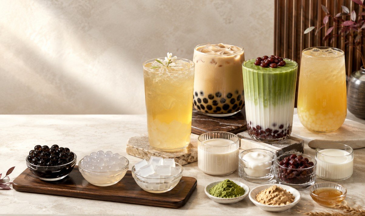 Different boba drinks, plant milks, tapioca pearls, jellies and milk foam for vegan, dairy-free and allergen-conscious choices.