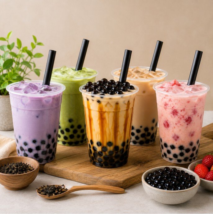 Assorted boba drinks, flavors and toppings