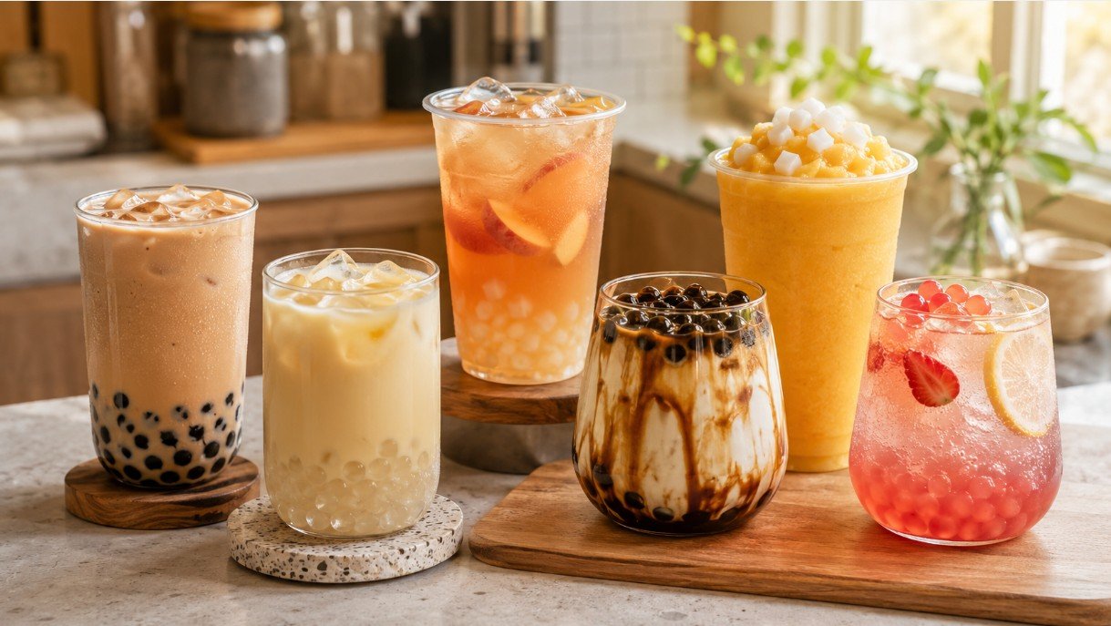 Six different boba drinks on a modern café counter, including milk tea, fruit tea, fresh milk, slush and sparkling styles.