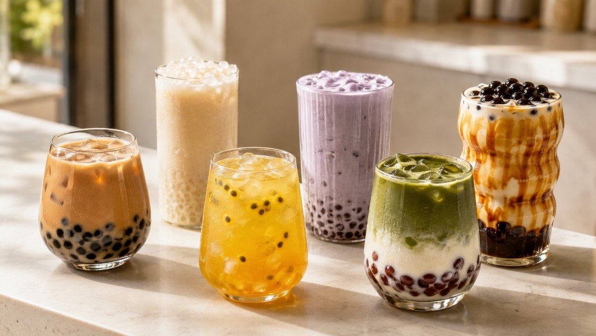 Six distinct boba flavors including roasted oolong, jasmine, passion fruit, taro, matcha and brown sugar