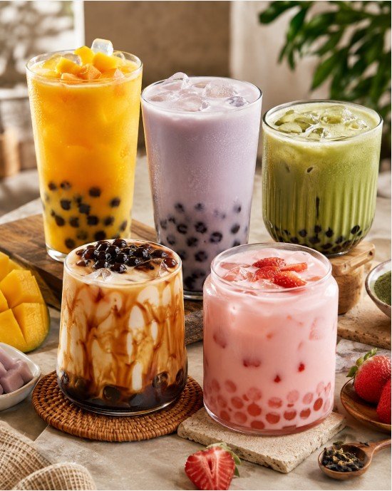 Mango, taro, matcha, brown sugar and strawberry boba flavors