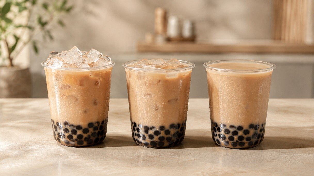 Boba ice levels showing regular ice, less ice and no ice milk tea