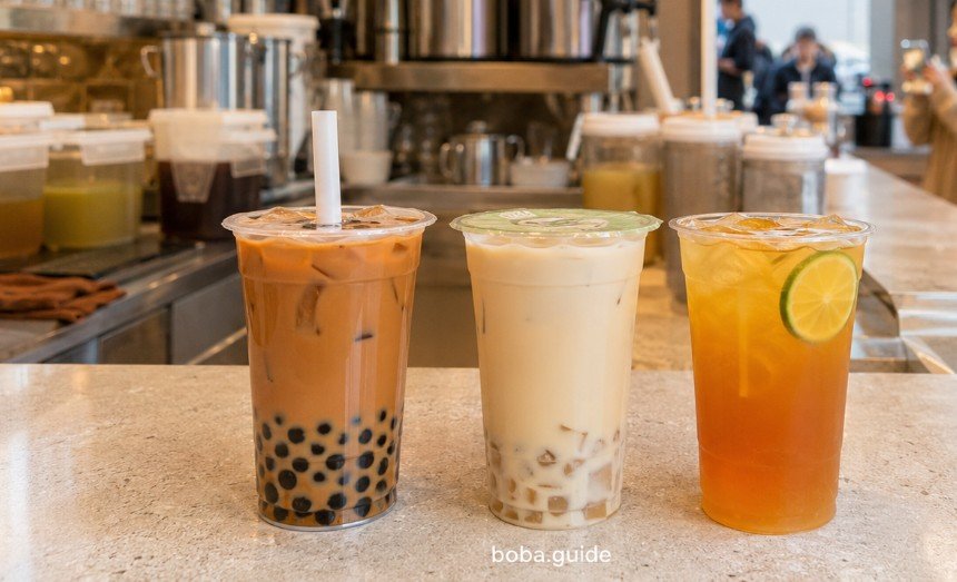 Boba in Taiwan with pearl milk tea, fresh milk tea and fruit tea in a modern Taiwanese tea shop