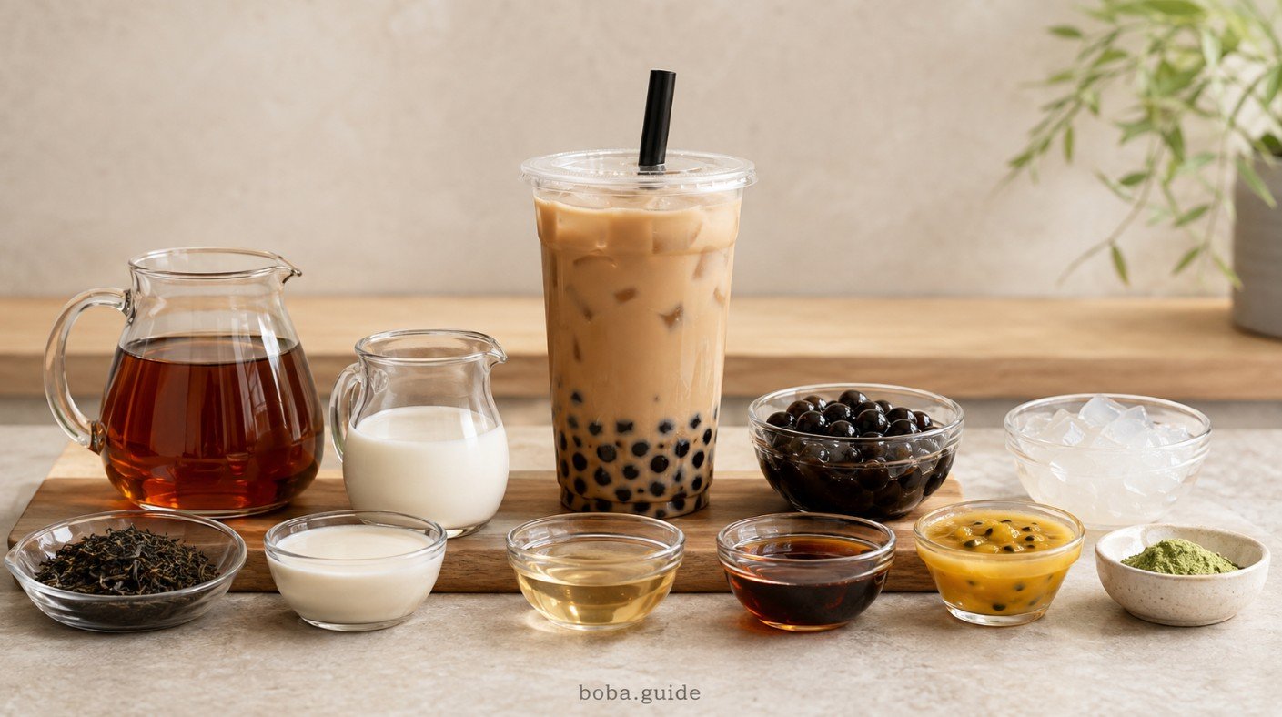 Boba ingredients including brewed tea, milk, tapioca pearls, syrup, fruit and bubble tea toppings