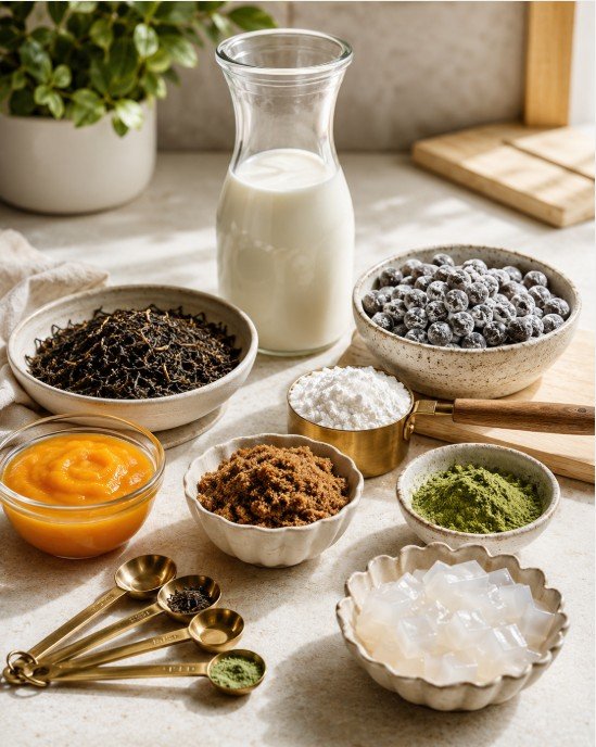 Tea, tapioca pearls, milk, matcha and jelly used in boba drinks