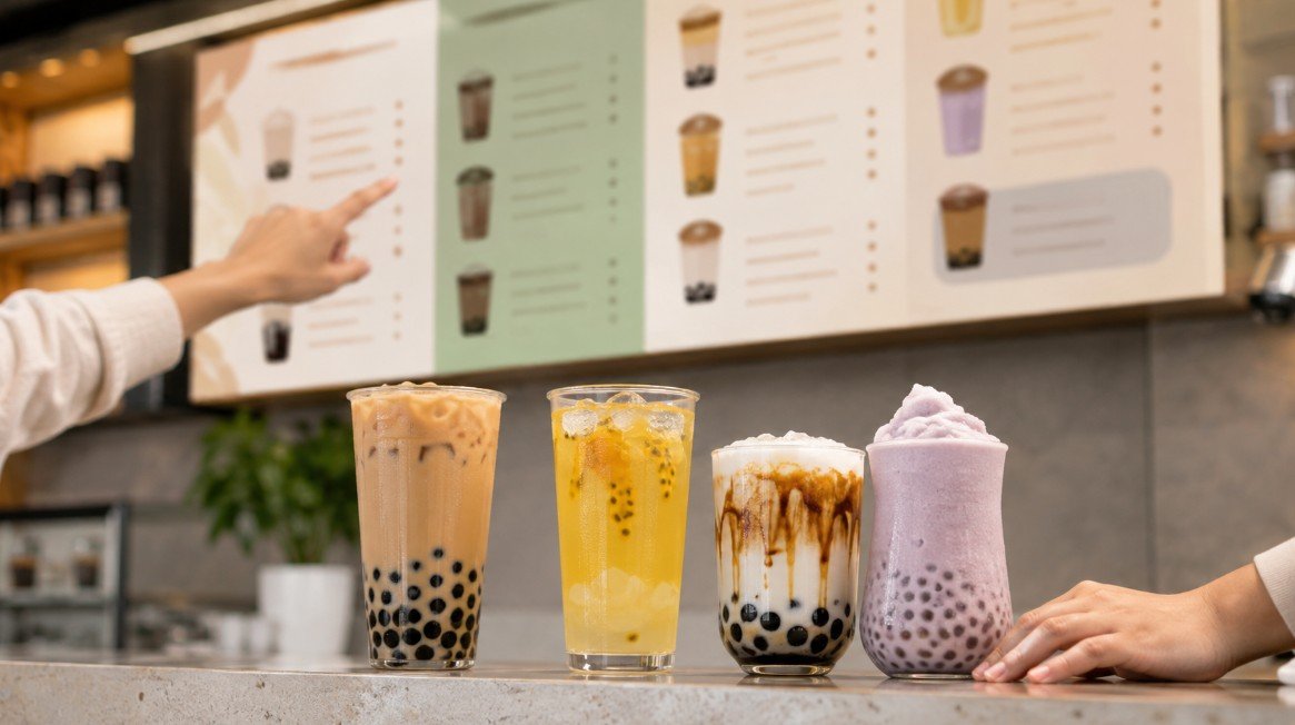 Four main boba drink families shown in a modern tea shop while a customer compares the menu