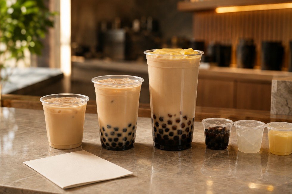 Three sizes of roasted oolong milk tea showing different ice levels and topping choices