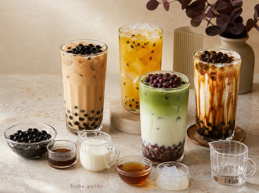 Four boba drinks with tea, milk, brown sugar syrup, tapioca pearls and aloe showing how ingredients affect nutrition