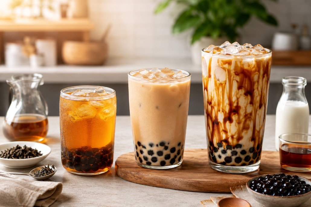 Tea, milk tea and brown sugar boba drinks showing different nutrition profiles
