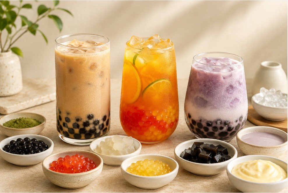 Different bubble tea drinks and toppings arranged for menu customization