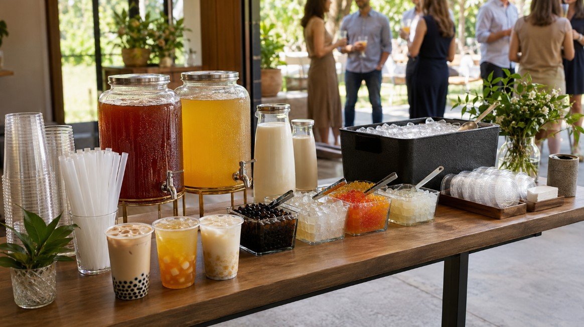 Organized bubble tea party bar with tea dispensers, tapioca pearls, jellies, cups and finished boba drinks for event guests.