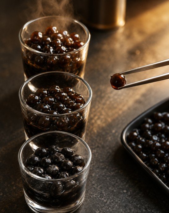 Fresh warm tapioca pearls compared with firmer cooled and chilled pearls