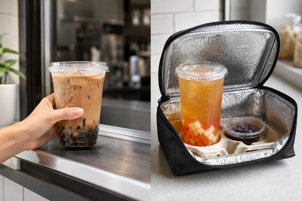 Fresh bubble tea pickup compared with a securely packaged delivery order