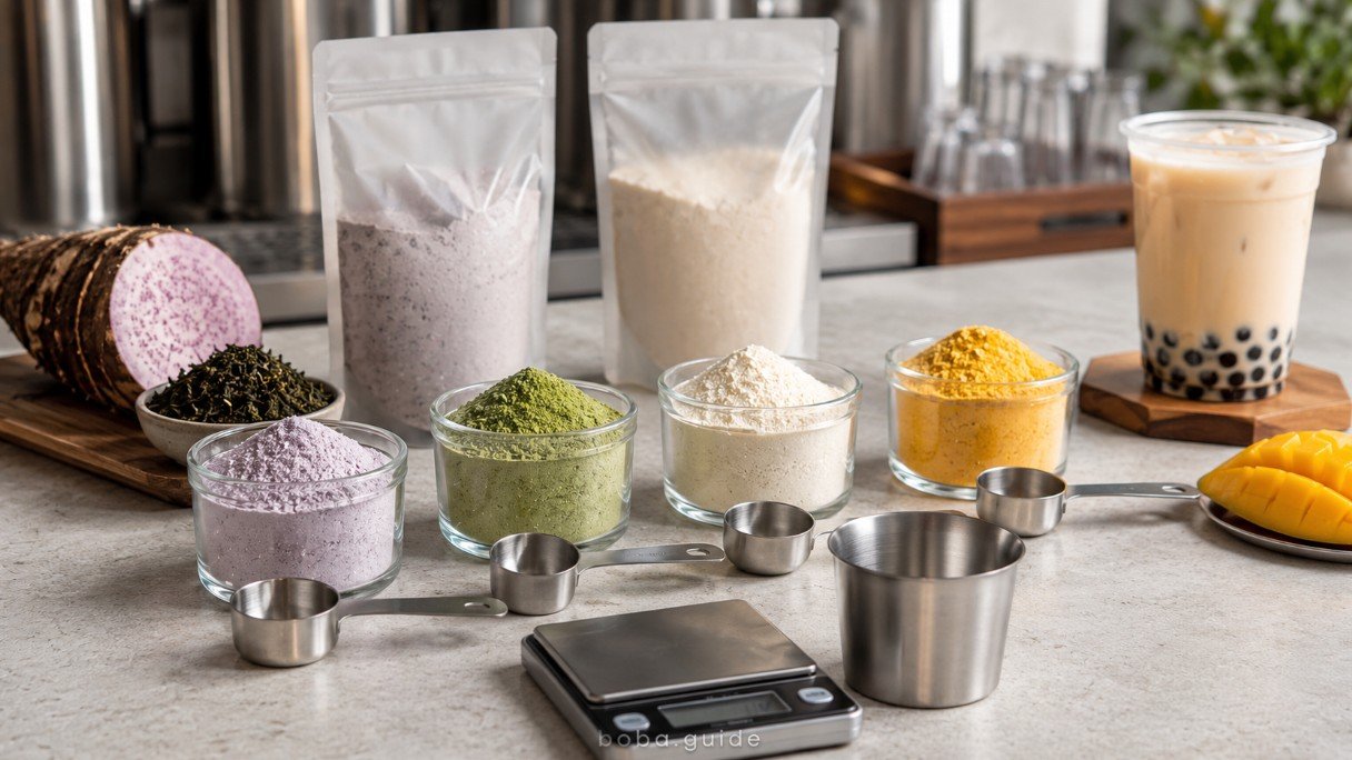 Different boba powders compared including taro, matcha, milk tea and fruit powder mixes