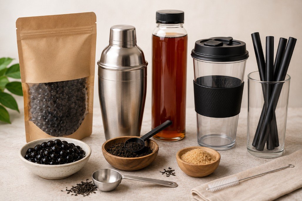 Boba starter kit with tapioca pearls, shaker, wide straws, reusable cup, tea and syrup