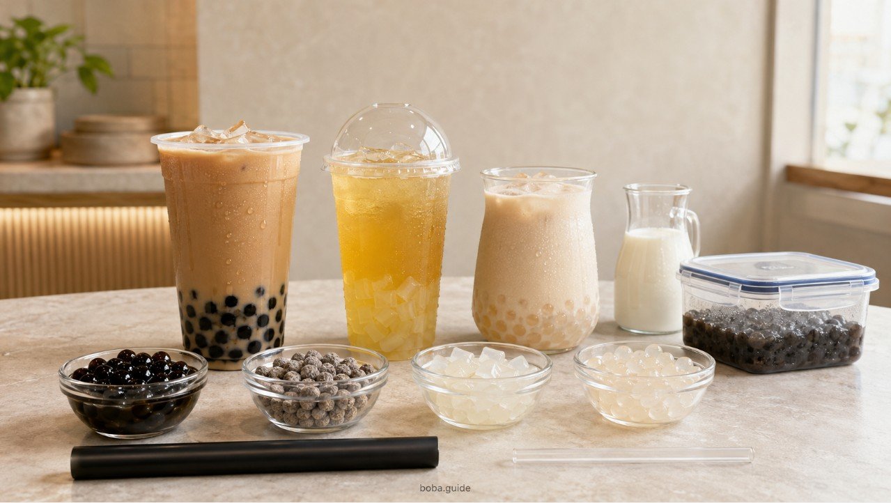 Bubble tea drinks with tapioca pearls, aloe vera, crystal boba, milk, storage container and wide straws for safer boba choices.