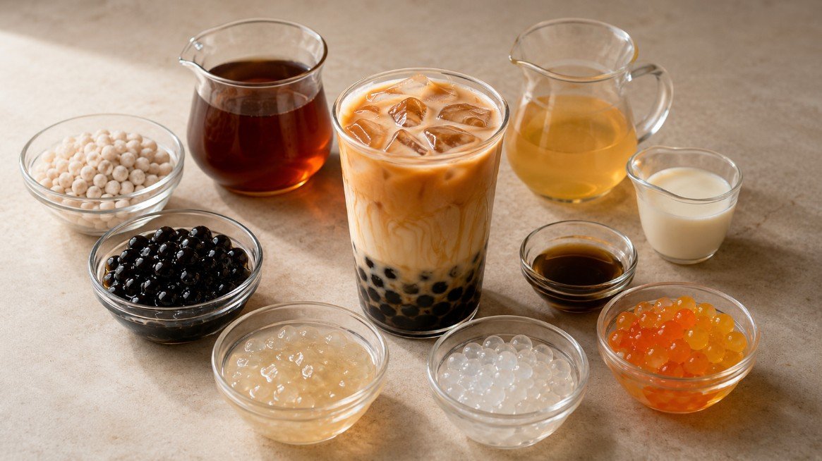 Food science behind boba showing tapioca texture, brewed tea, milk, syrup, crystal boba and popping pearls around a finished milk tea.