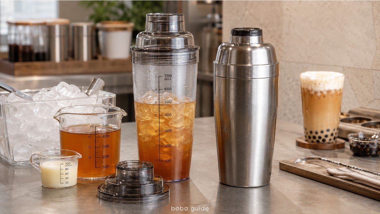 Manual boba shakers compared in clear PC and stainless steel with measured tea, ice and secure lids
