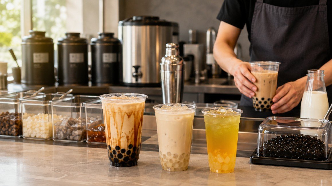 Bubble tea shop counter with freshly prepared tea, tapioca pearls, toppings and finished boba drinks ready for customers.