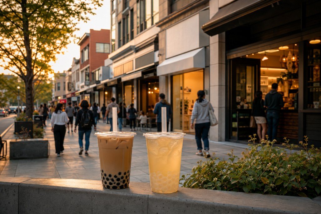Bubble tea drinks in a walkable neighborhood with cafes and restaurants