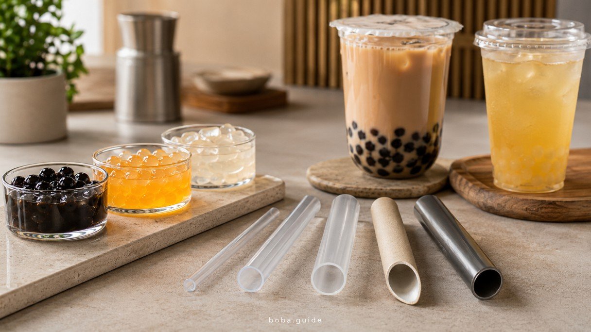 Different boba straws compared by diameter, material and cut style with tapioca pearls, popping boba and jelly